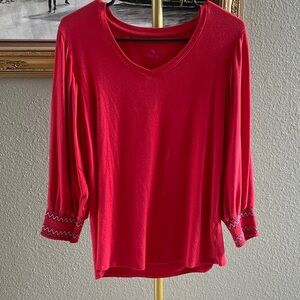 Laurie Felt Red V-Neck Long Sleeve Top with Embroidered Cuffs